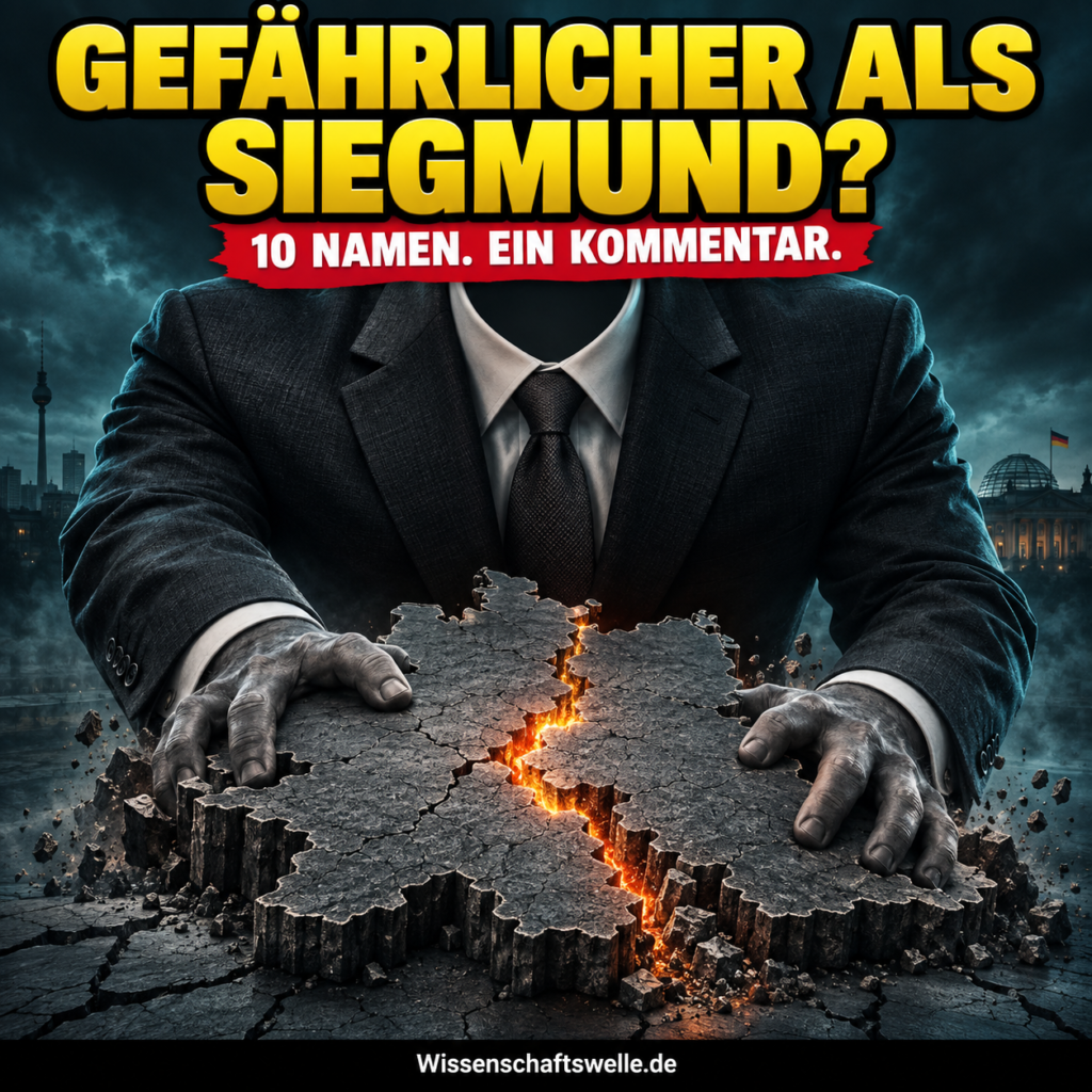 Symbolisches Titelbild: Ein riesiger dunkler Anzug drückt auf eine rissige Deutschland-Silhouette. Gelbe Überschrift „GEFÄHRLICHER ALS SIEGMUND?“, rotes Banner „10 NAMEN. EIN KOMMENTAR.“ Keine reale Person abgebildet.