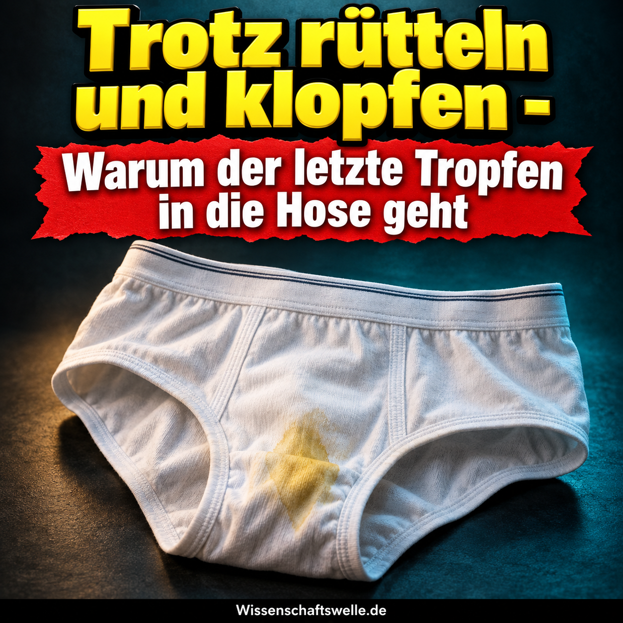 KI-generiertes Symbolbild: weiße Baumwollunterhose mit einem gelben Urinfleck; Titel Trotz rütteln und klopfen - Warum der letzte Tropfen in die Hose geht.