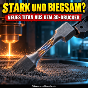 3D-gedruckter Titan-Probestab unter Zug mit symbolisch sichtbar gemachten inneren Bändern; Titel: Stark und biegsam?