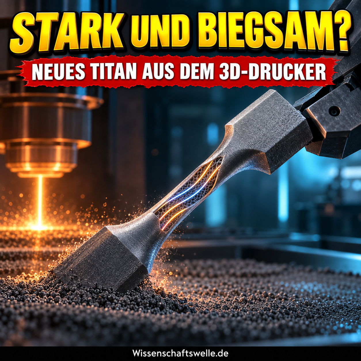 3D-gedruckter Titan-Probestab unter Zug mit symbolisch sichtbar gemachten inneren Bändern; Titel: Stark und biegsam?