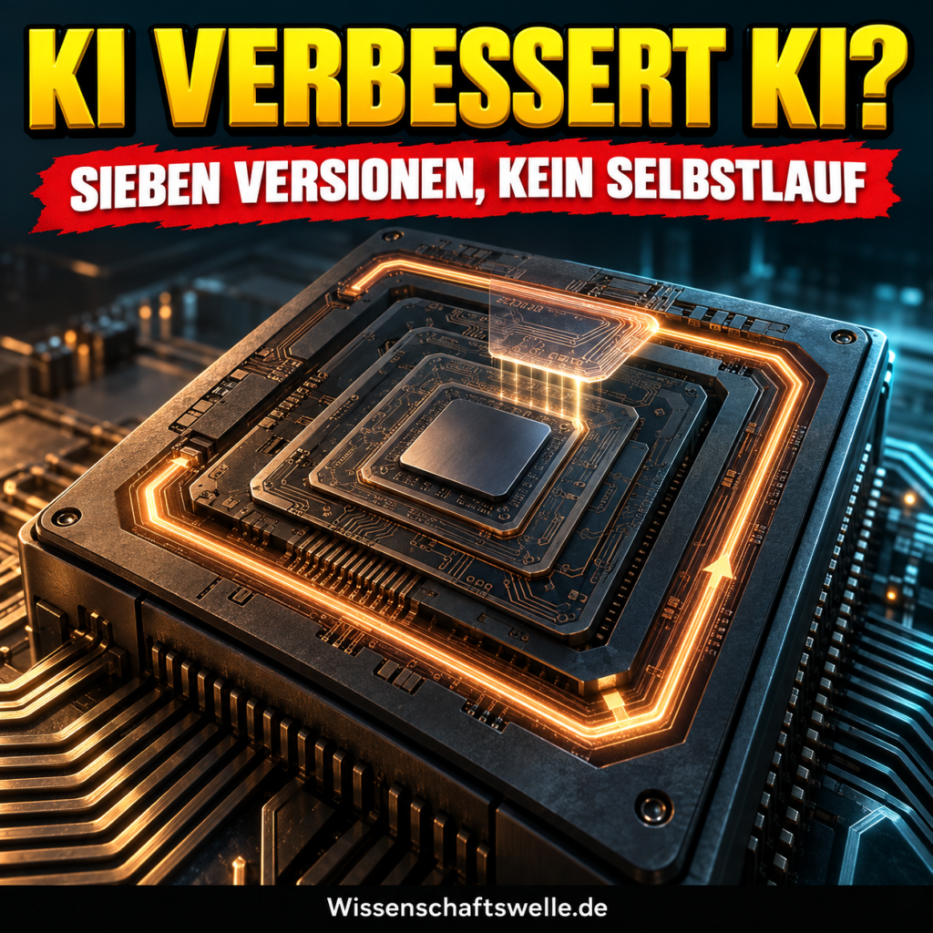 KI-generiertes Symbolbild eines dunklen Prozessors mit einer leuchtenden Rückkopplungsschleife; darüber die Frage KI VERBESSERT KI? und der Hinweis SIEBEN VERSIONEN, KEIN SELBSTLAUF.