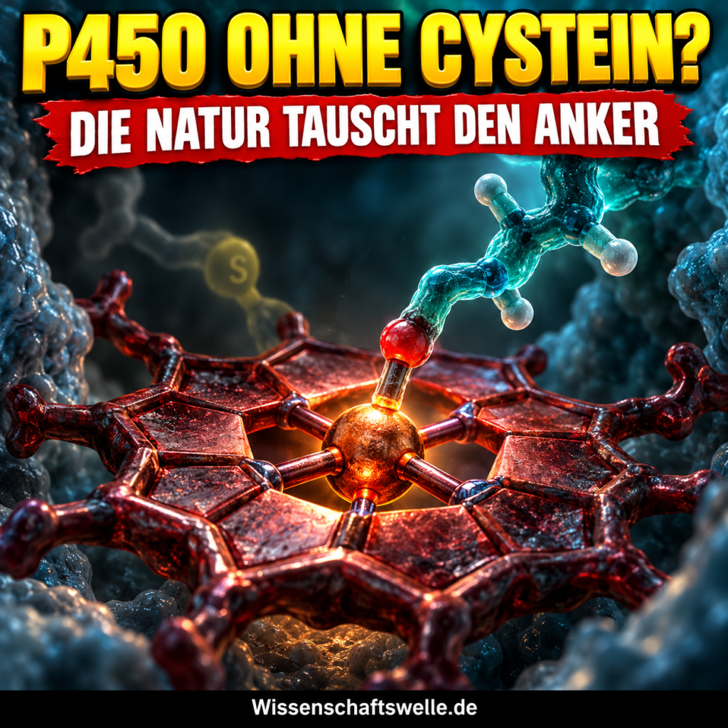 Visualisierung eines Häm-Eisenkerns: Ein Serin-Arm ersetzt den üblichen Cystein-Anker; darüber gelber P450-Hook und roter Einordnungsbanner.