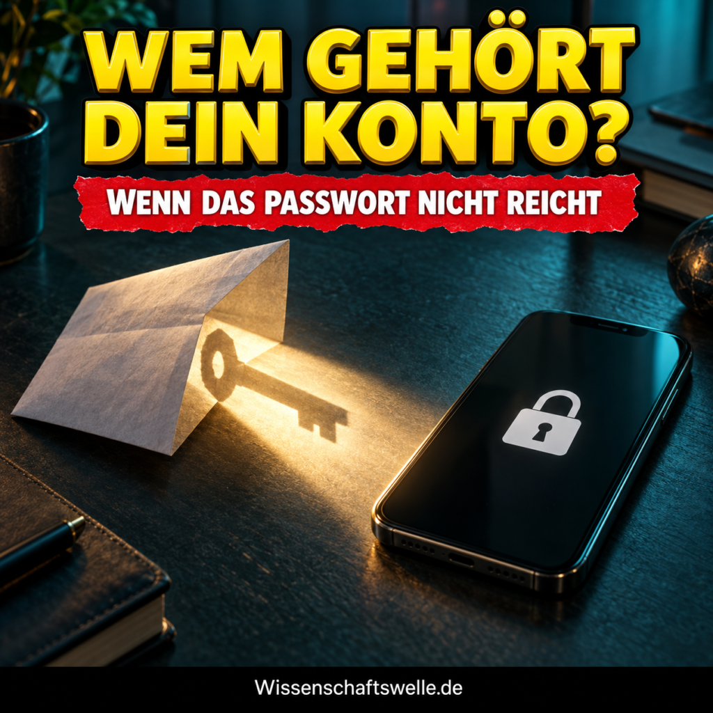 Gefaltetes Papier wirft einen leuchtenden Schlüsselschatten auf ein gesperrtes Smartphone; Titel: Wem gehört dein Konto?