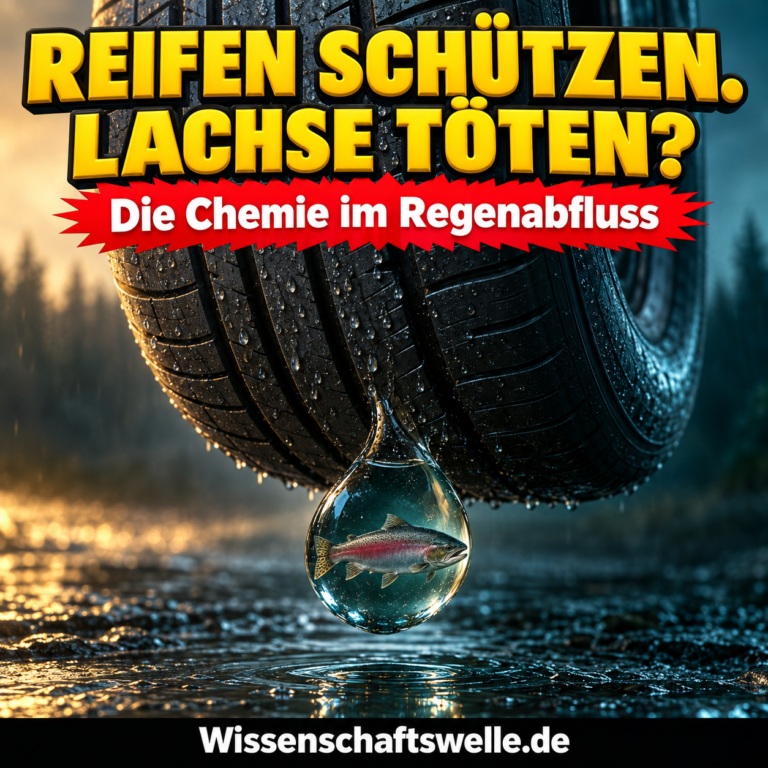 Bildmetapher: Ein großer nasser Autoreifen trägt einen übergroßen Tropfen mit einer Fischsilhouette. Gelbe Headline „REIFEN SCHÜTZEN. LACHSE TÖTEN?“, roter Banner „Die Chemie im Regenabfluss“ und schwarzer Footer „Wissenschaftswelle.de“.