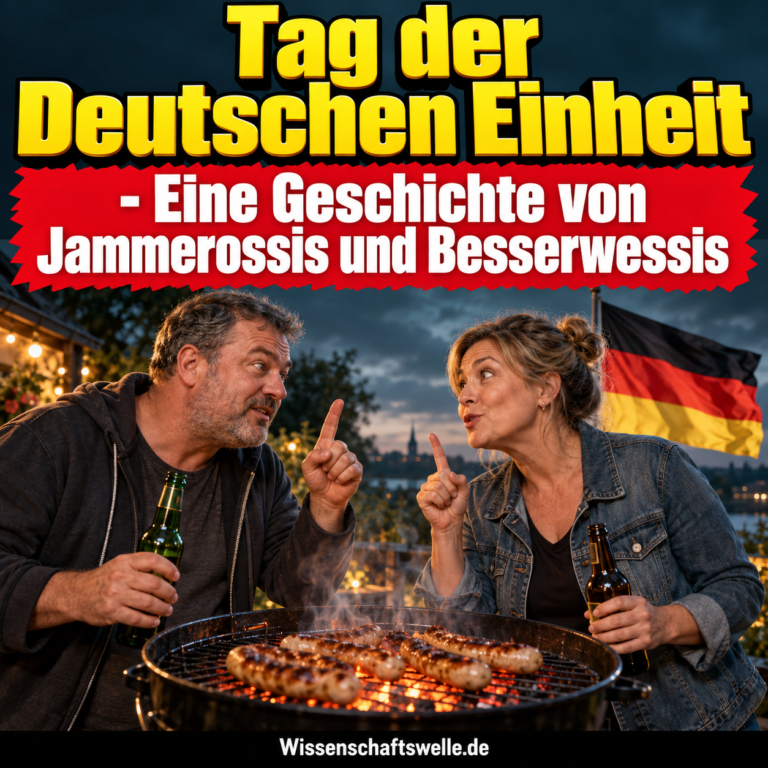 Symbolisches KI-Cover: Ein Mann und eine Frau diskutieren am rauchenden Grill; dahinter weht die deutsche Flagge in Schwarz, Rot und Gold. Text: Tag der Deutschen Einheit - Eine Geschichte von Jammerossis und Besserwessis. Wissenschaftswelle.de.
