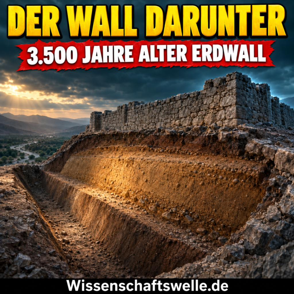 Interpretierende Bildmetapher: Unter einer Steinmauer liegt ein angeschnittener Erdwall mit Graben. Gelbe Headline „DER WALL DARUNTER“, roter Banner „3.500 JAHRE ALTER ERDWALL“, schwarzer Footer „Wissenschaftswelle.de“.