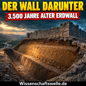 Interpretierende Bildmetapher: Unter einer Steinmauer liegt ein angeschnittener Erdwall mit Graben. Gelbe Headline „DER WALL DARUNTER“, roter Banner „3.500 JAHRE ALTER ERDWALL“, schwarzer Footer „Wissenschaftswelle.de“.