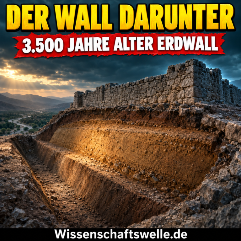 Interpretierende Bildmetapher: Unter einer Steinmauer liegt ein angeschnittener Erdwall mit Graben. Gelbe Headline „DER WALL DARUNTER“, roter Banner „3.500 JAHRE ALTER ERDWALL“, schwarzer Footer „Wissenschaftswelle.de“.