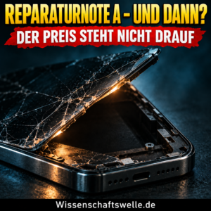 Geöffnetes Smartphone mit gesprungenem Display unter der Frage Reparaturnote A – und dann?