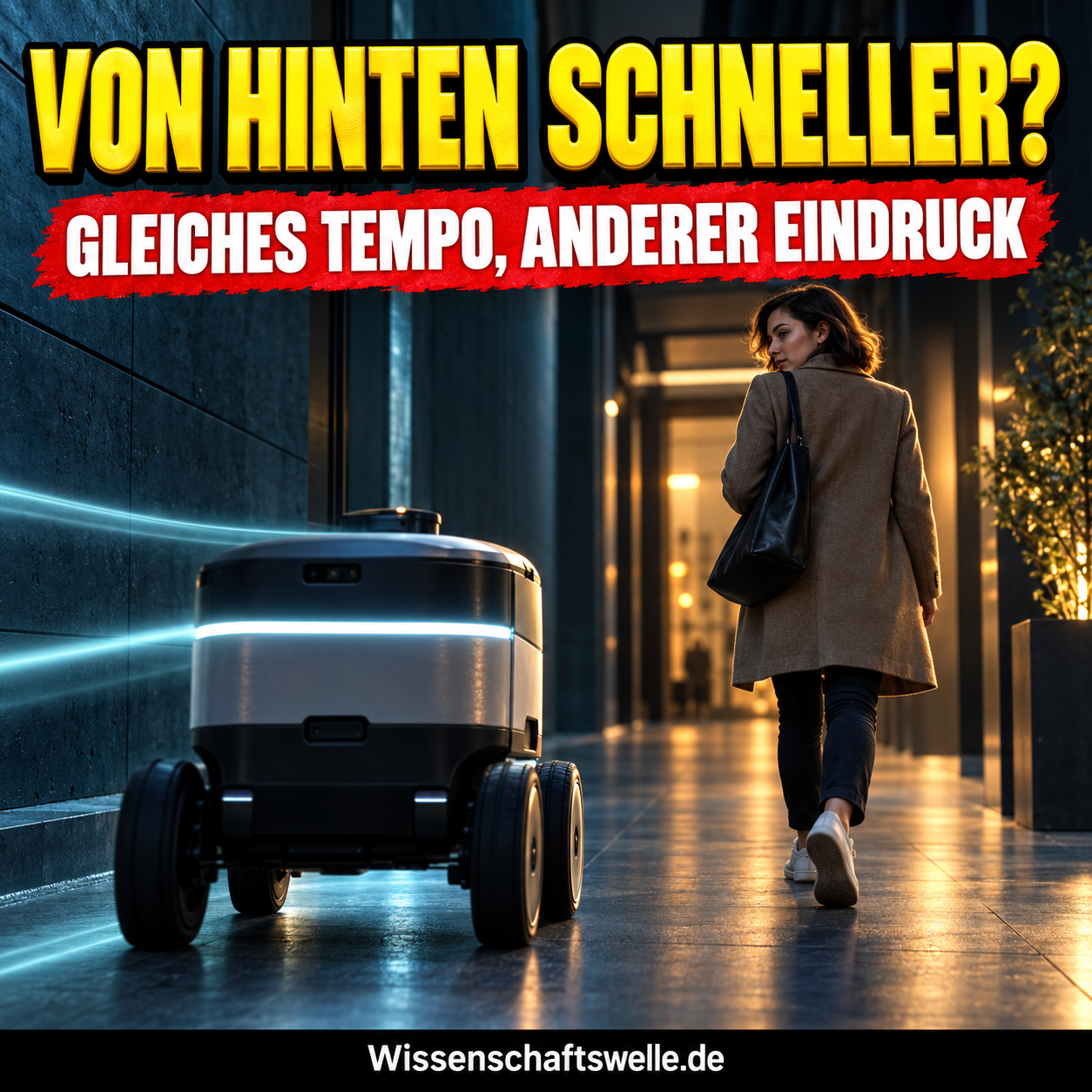 Mobiler Roboter nähert sich einer gehenden Person von hinten; gelber Hook fragt nach dem scheinbar höheren Tempo.