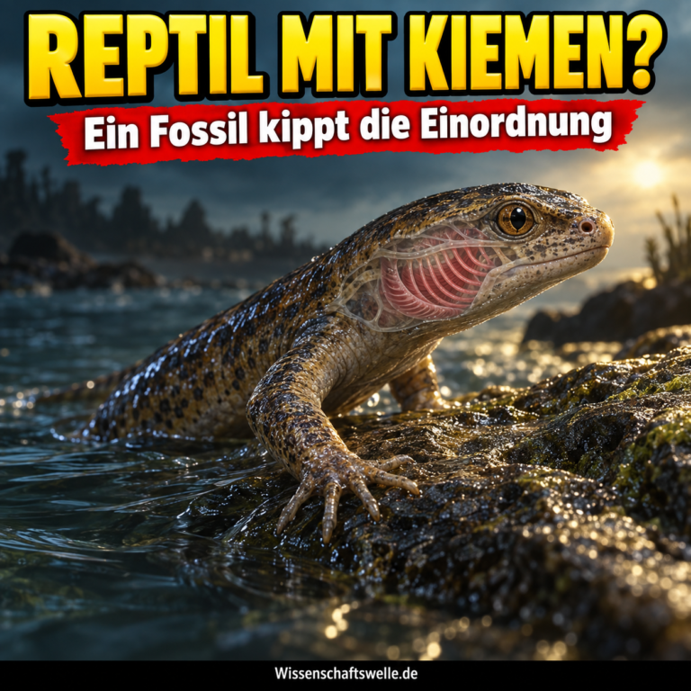 Symbolische Rekonstruktion von Westlothiana zwischen Wasser und Stein mit sichtbar gemachten Kiemen; Text: Reptil mit Kiemen?