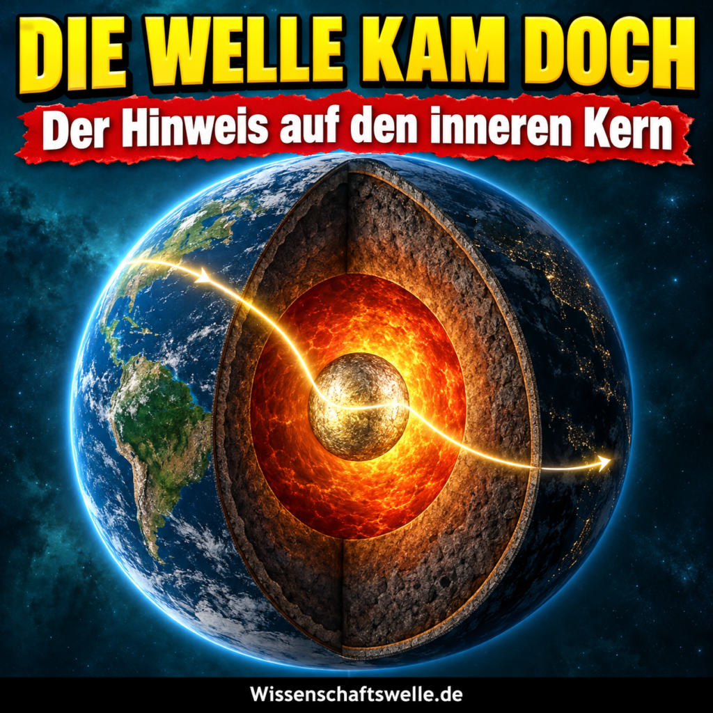 Symbolischer Erdquerschnitt: Eine leuchtende Erdbebenwelle erscheint aus der Schattenzone und deutet auf eine innere Kerngrenze. Covertext: DIE WELLE KAM DOCH.