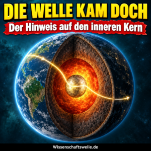 Symbolischer Erdquerschnitt: Eine leuchtende Erdbebenwelle erscheint aus der Schattenzone und deutet auf eine innere Kerngrenze. Covertext: DIE WELLE KAM DOCH.