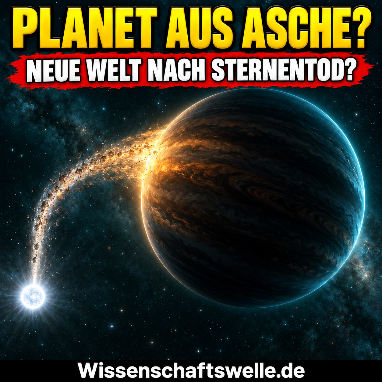 Illustration eines möglichen Planeten neben einem heißen weißen Zwerg, verbunden durch einen Bogen abgestoßener Sternmaterie.
