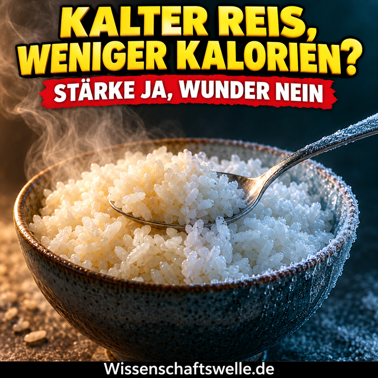 Schale mit Reis, links dampfend warm und rechts eisgekühlt, mit der Frage nach Kalorien und der Einordnung Stärke ja, Wunder nein.