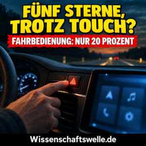 Hand an einer tastbaren Warnblinkertaste vor einem Autodisplay; Coverfrage zu fünf Euro-NCAP-Sternen und 20 Prozent in der Fahrbedienung eines getesteten Modells.