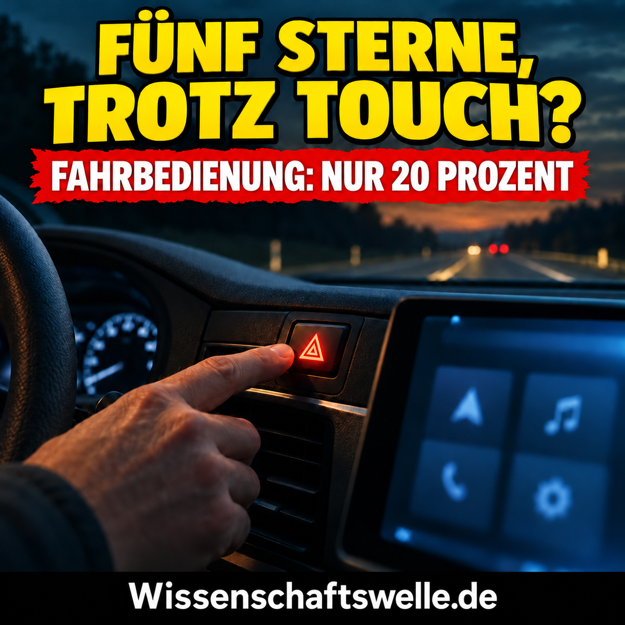 Hand an einer tastbaren Warnblinkertaste vor einem Autodisplay; Coverfrage zu fünf Euro-NCAP-Sternen und 20 Prozent in der Fahrbedienung eines getesteten Modells.