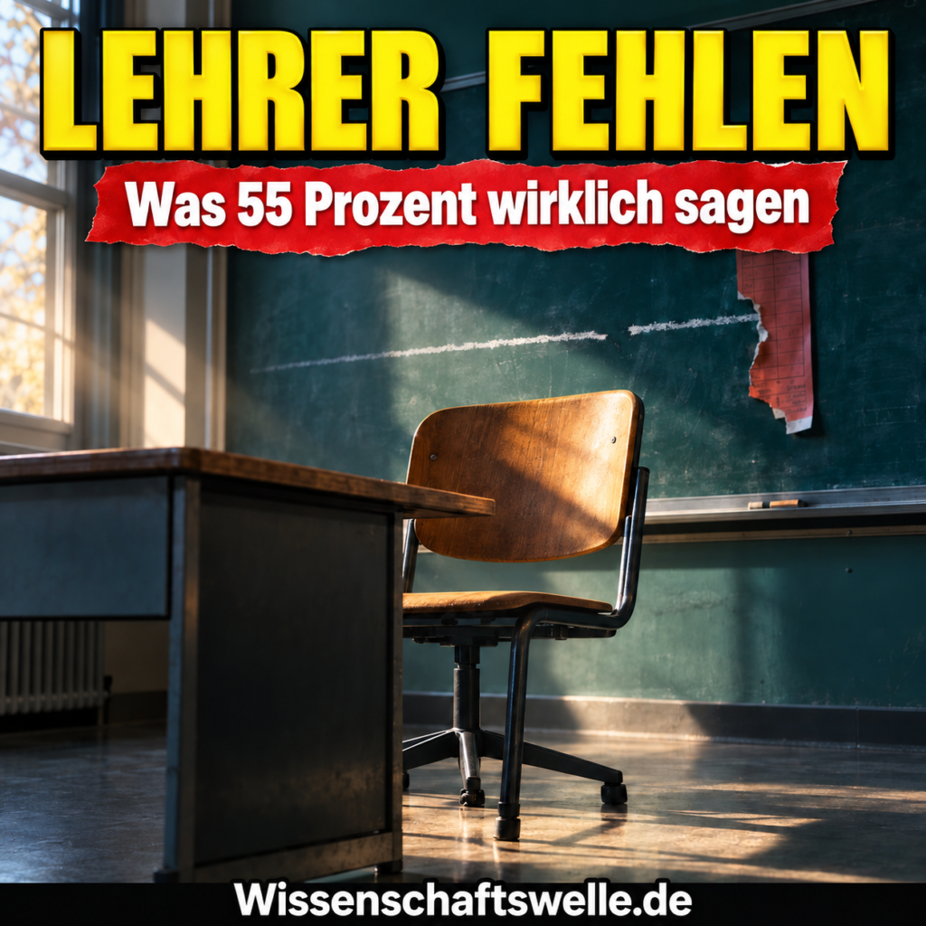 Leerer Lehrerstuhl vor einer Tafel unter der Frage, was 55 Prozent über Lehrkräftemangel aussagen