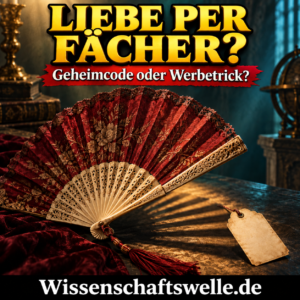 Historischer Faltfächer wirft einen rätselhaften Schatten neben einem unbeschrifteten Verkaufsetikett; Titelcover zur Frage nach dem angeblichen Liebescode.