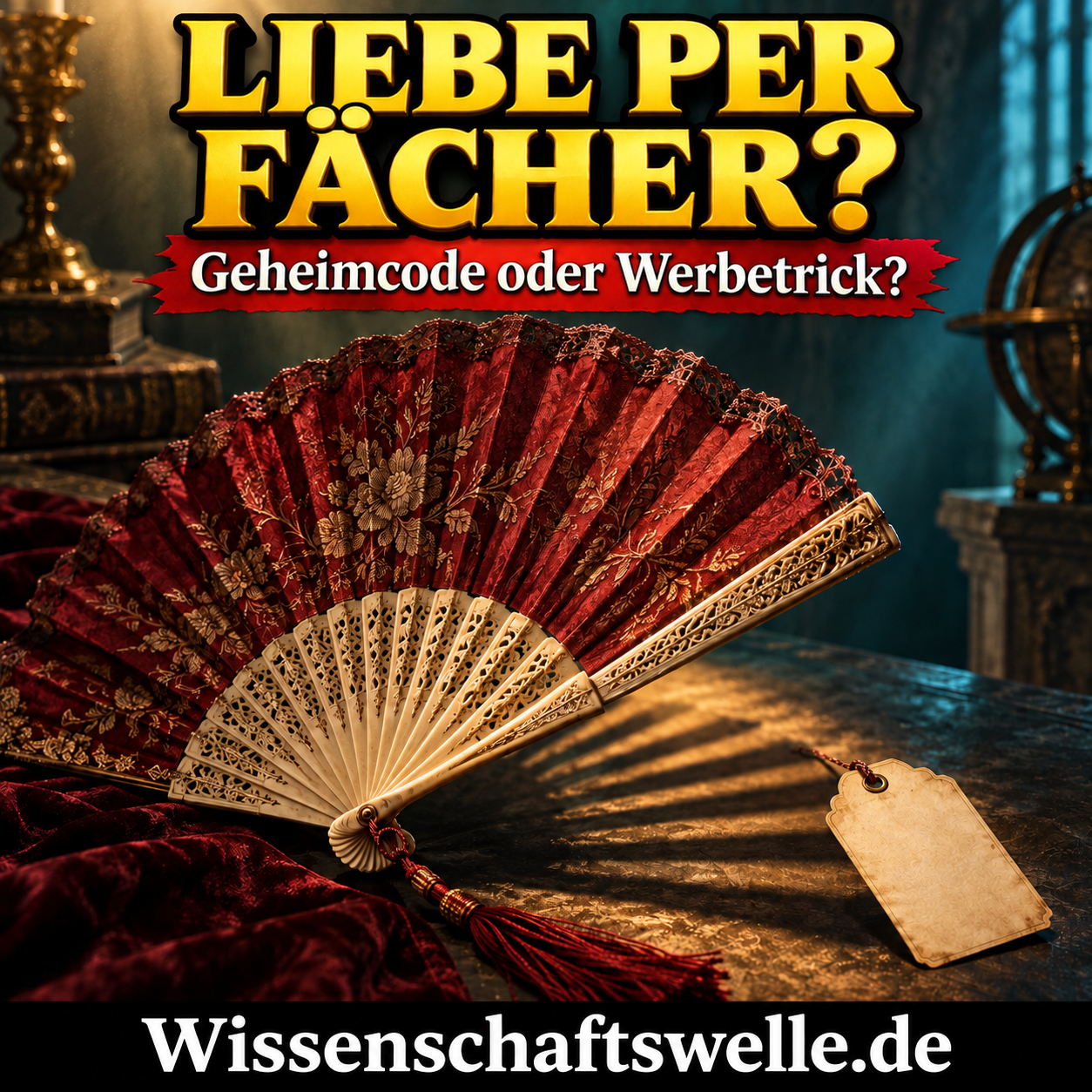 Historischer Faltfächer wirft einen rätselhaften Schatten neben einem unbeschrifteten Verkaufsetikett; Titelcover zur Frage nach dem angeblichen Liebescode.