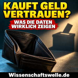 Ein geöffneter leerer Geldbeutel wirft den Schatten einer Wahlurne; darüber die Frage Kauft Geld Vertrauen?