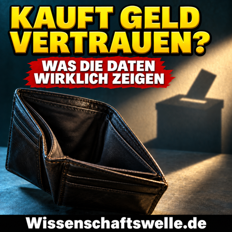 Ein geöffneter leerer Geldbeutel wirft den Schatten einer Wahlurne; darüber die Frage Kauft Geld Vertrauen?