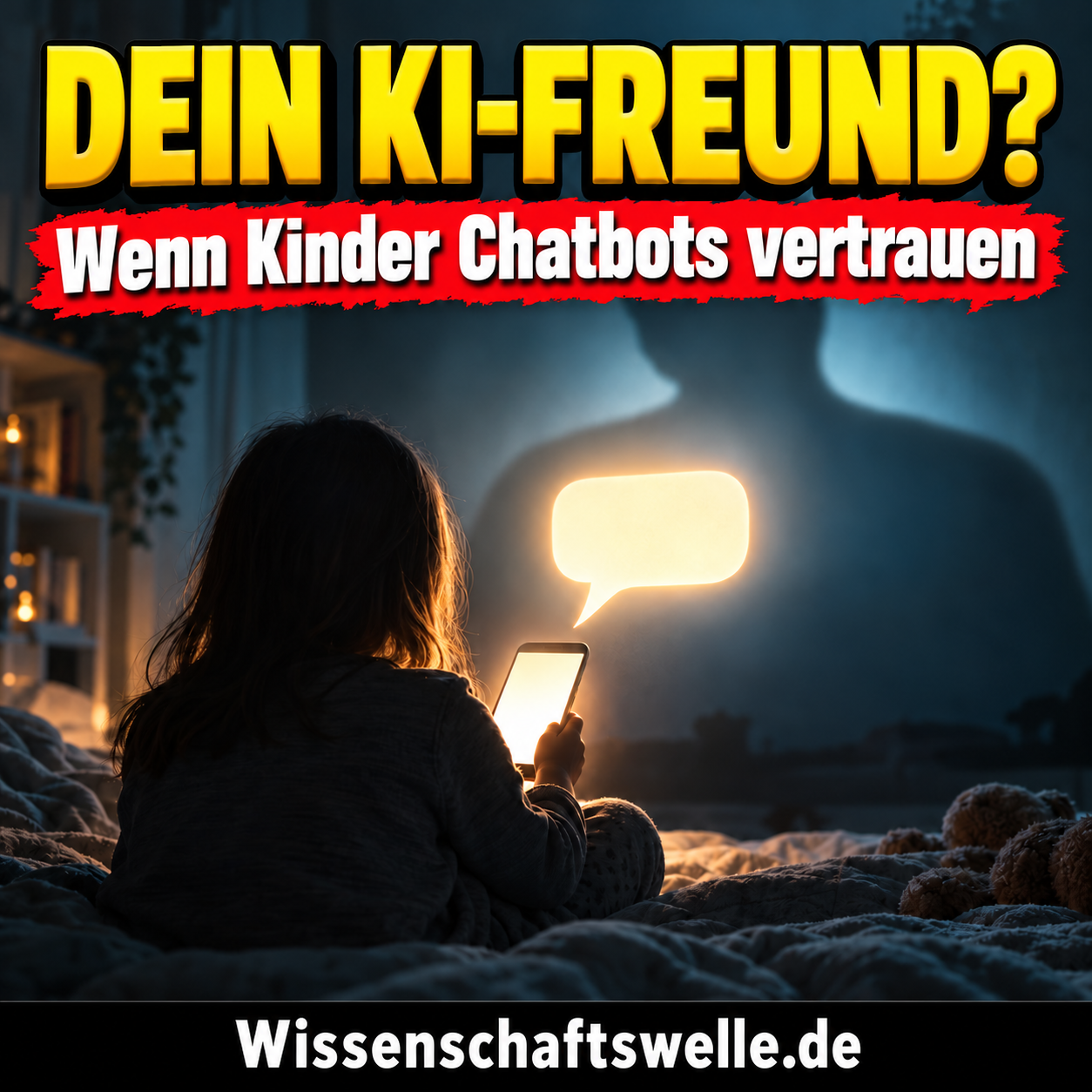 Ein Kind blickt auf ein leuchtendes Smartphone; eine Sprechblase wirft einen menschlich wirkenden Schatten. Covertext: DEIN KI-FREUND? Wenn Kinder Chatbots vertrauen.
