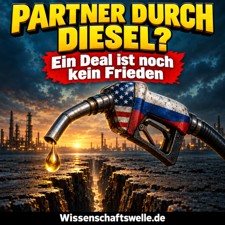 Symbolbild: Eine Zapfpistole mit amerikanisch und russisch gefärbten Hälften über einer dunklen Bruchkante. Aufschrift: Partner durch Diesel? Ein Deal ist noch kein Frieden.