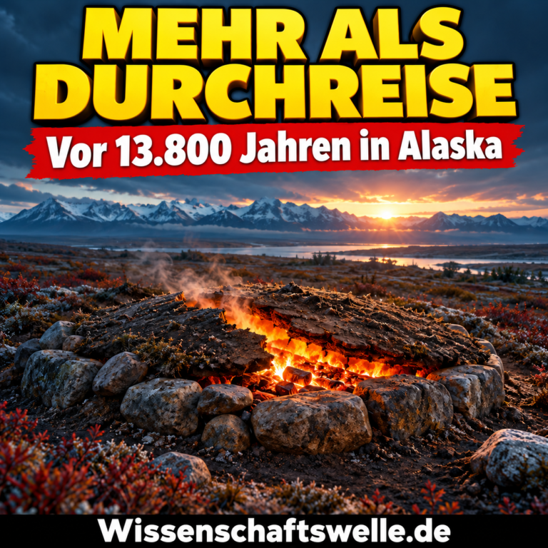 Glühender Erdofen in einer dunklen eiszeitlichen Tundra; darüber der gelbe Covertext MEHR ALS DURCHREISE, darunter der rote Banner Vor 13.800 Jahren in Alaska.