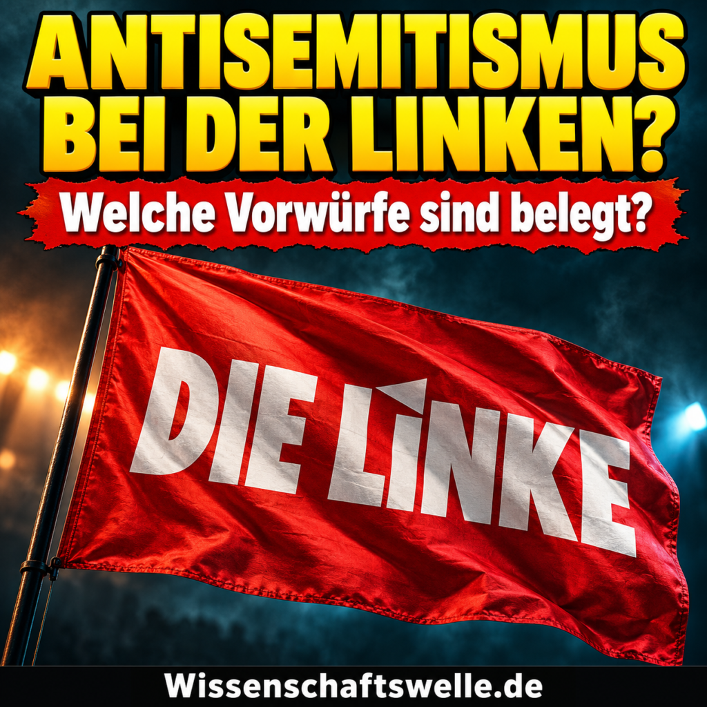 Redaktionelle KI-Illustration: rote Fahne mit Parteinamen Die Linke unter der Frage „Antisemitismus bei der Linken?“; Banner: „Welche Vorwürfe sind belegt?“.