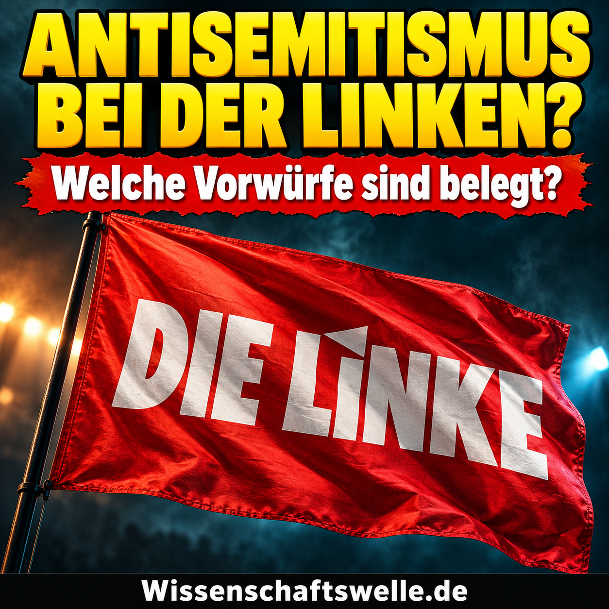 Redaktionelle KI-Illustration: rote Fahne mit Parteinamen Die Linke unter der Frage „Antisemitismus bei der Linken?“; Banner: „Welche Vorwürfe sind belegt?“.