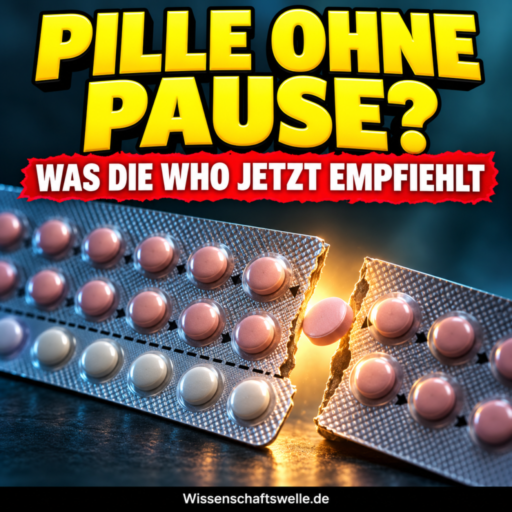Aufgerissener Pillenblister mit aktiven Tabletten; gelber Schriftzug PILLE OHNE PAUSE?, roter WHO-Banner und Wissenschaftswelle.de im schwarzen Footer.