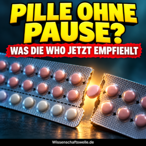 Aufgerissener Pillenblister mit aktiven Tabletten; gelber Schriftzug PILLE OHNE PAUSE?, roter WHO-Banner und Wissenschaftswelle.de im schwarzen Footer.