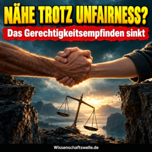 Zwei ineinandergreifende Hände bilden eine Brücke über einer schiefen Waage; Covertext: Nähe trotz Unfairness? Das Gerechtigkeitsempfinden sinkt.