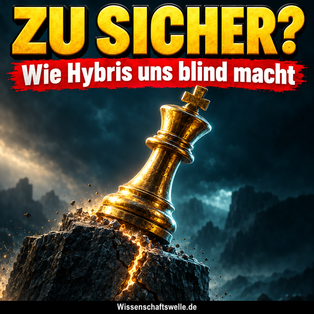 Symbolisches Magazincover: Ein goldener König kippt von einem gebrochenen Sockel. Text: Zu sicher? Wie Hybris uns blind macht.