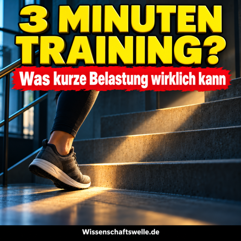 Ein Sportschuh vor drei beleuchteten Treppenstufen: Bildfrage nach drei Minuten Training und ihrer Wirkung