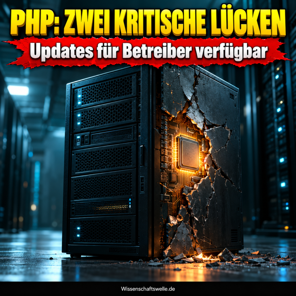 Dunkler Server mit sichtbar aufgebrochener Schutzfront; darüber die Frage nach zwei kritischen PHP-Lücken und verfügbaren Updates.