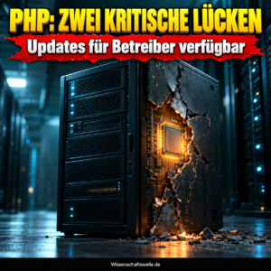 Dunkler Server mit sichtbar aufgebrochener Schutzfront; darüber die Frage nach zwei kritischen PHP-Lücken und verfügbaren Updates.