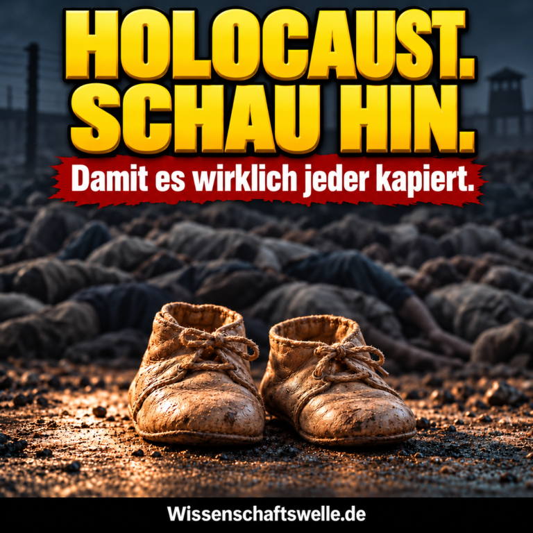 KI-Illustration: kleine Babyschuhe vor schemenhaft dargestellten Leichen; Aufschrift Holocaust. Schau hin. Keine historische Fotografie.