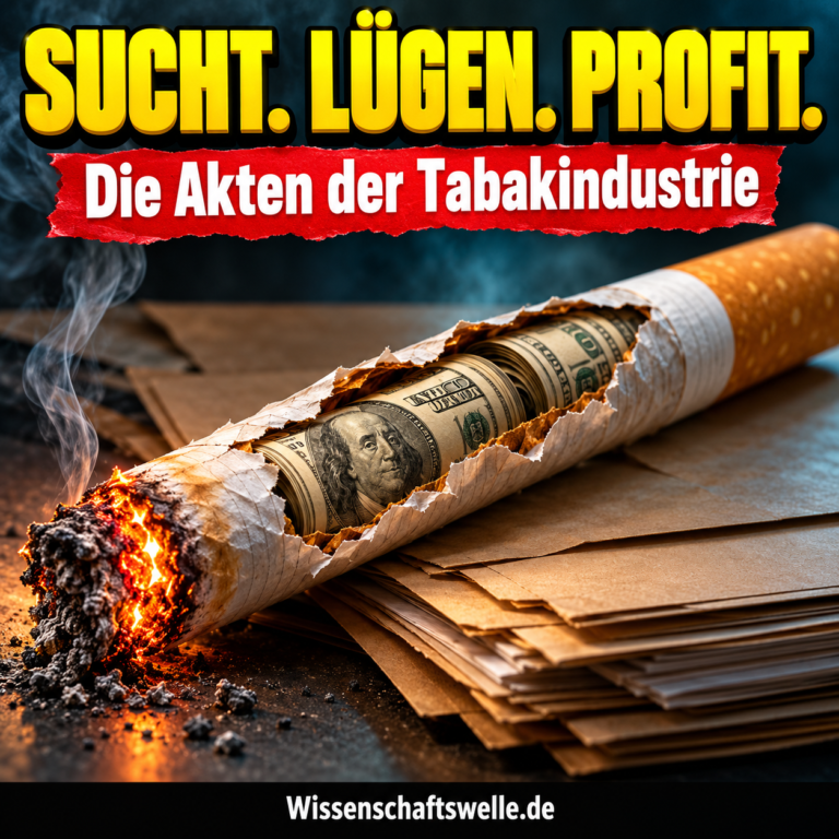 Symbolische KI-Illustration: Eine aufgerissene Zigarette legt Geldscheine frei; darüber steht Sucht. Lügen. Profit.