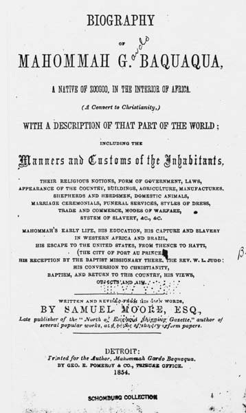 Titelblatt von Baquaquas 1854 veröffentlichter Lebensgeschichte, bearbeitet von Samuel Moore.
