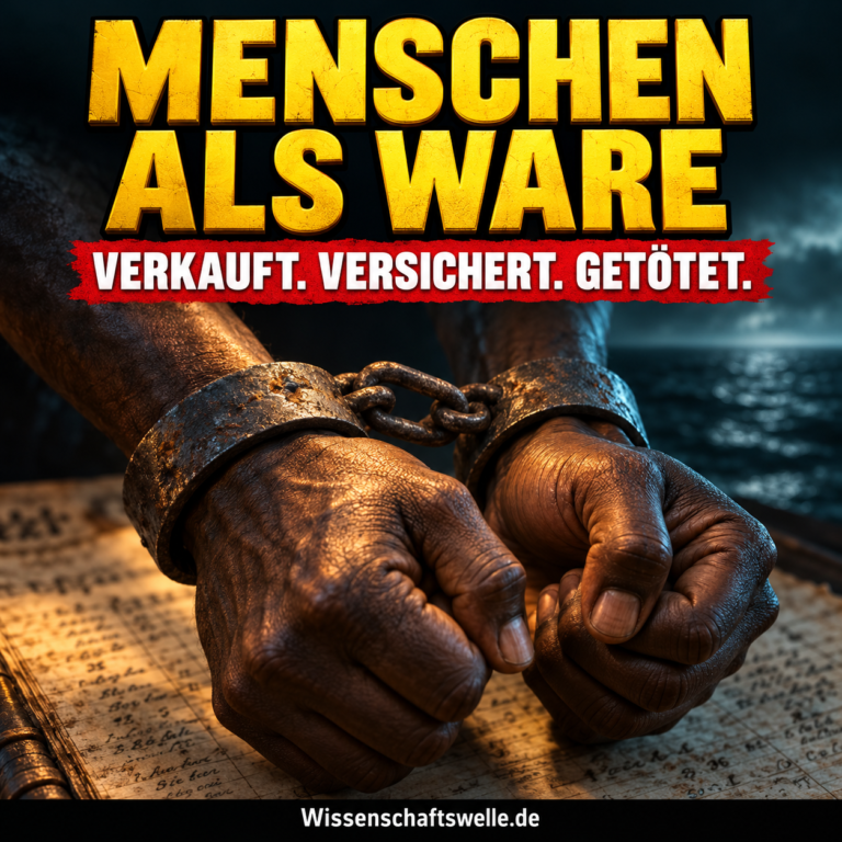 Symbolische KI-Illustration: gefesselte erwachsene Hände vor einem Geschäftsbuch; gelbe Aufschrift „Menschen als Ware“, rotes Banner „Verkauft. Versichert. Getötet.“. Keine historische Aufnahme.