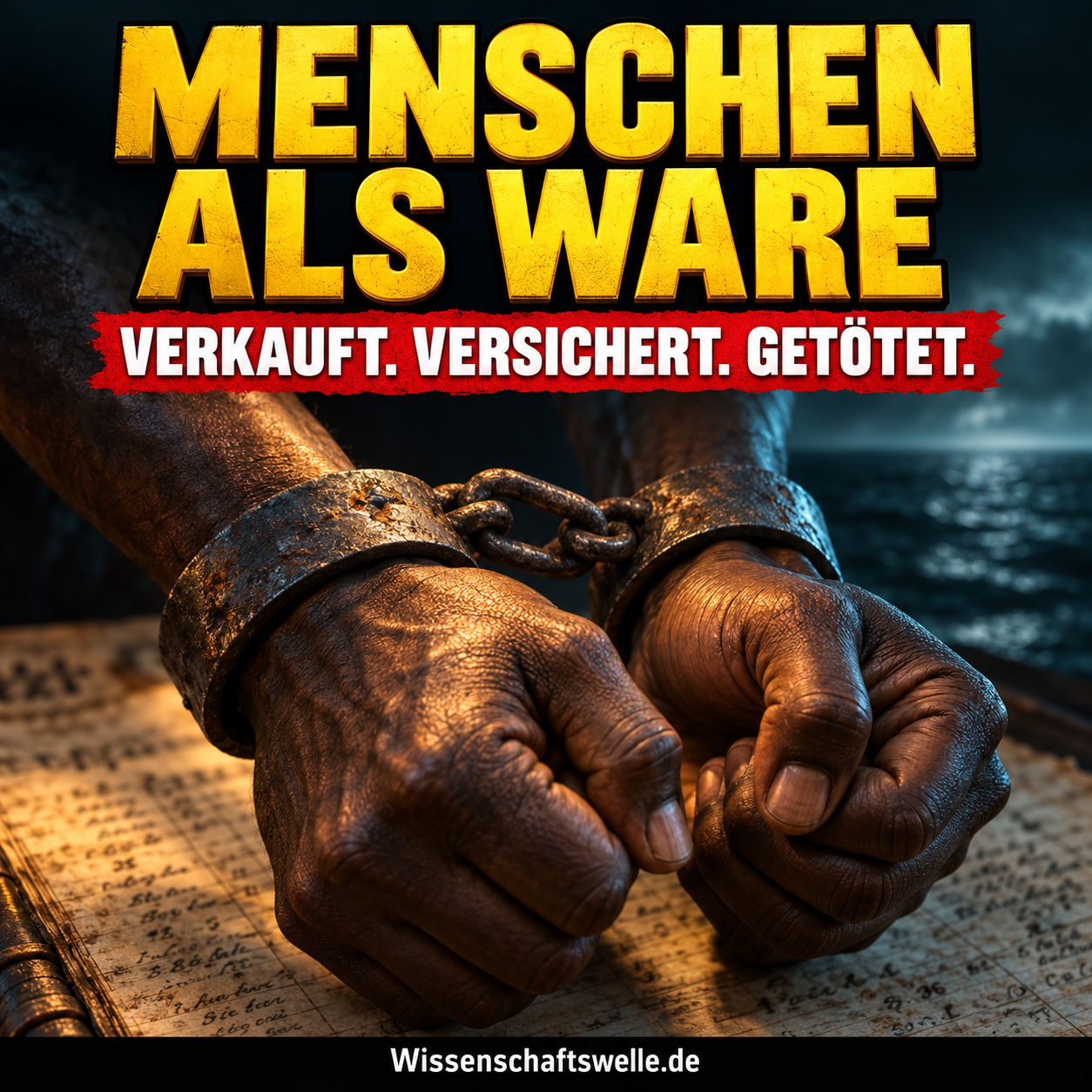 Symbolische KI-Illustration: gefesselte erwachsene Hände vor einem Geschäftsbuch; gelbe Aufschrift „Menschen als Ware“, rotes Banner „Verkauft. Versichert. Getötet.“. Keine historische Aufnahme.