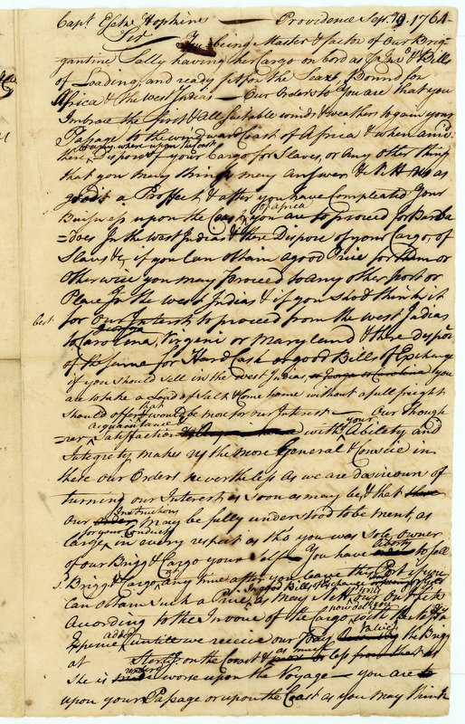 Handschriftliche Anweisung der Brown-Eigentümer an den Kapitän der Sally.