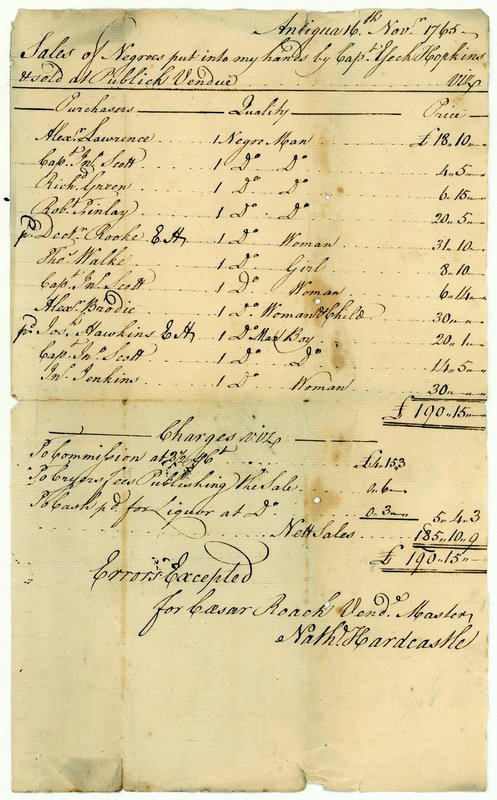 Verkaufsabrechnung auf Antigua mit Käuferangaben, Preisen und Abzügen.