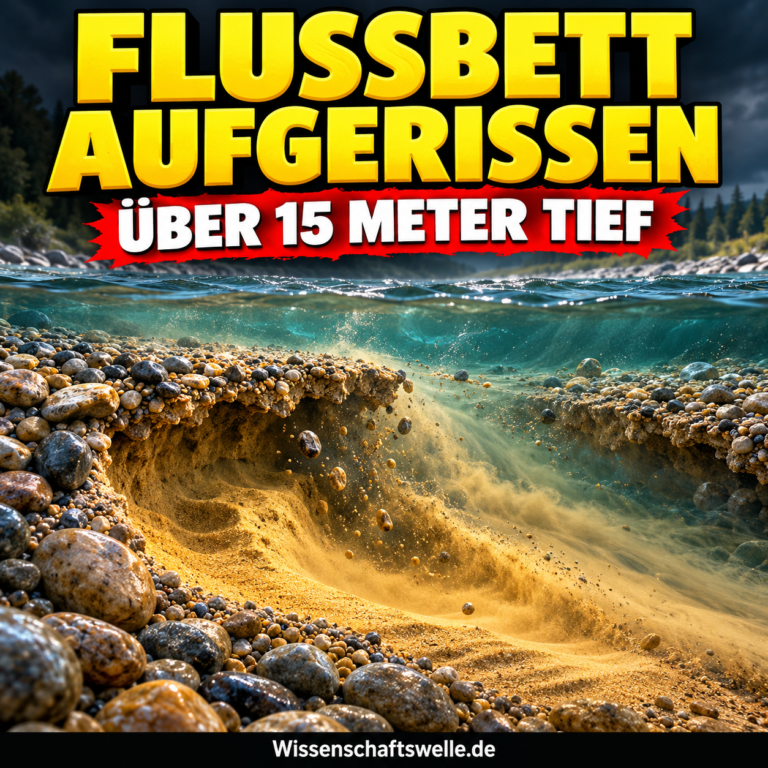 KI-Illustration einer aufgerissenen Kiesdecke im Flussbett mit freigespültem Sand darunter; keine Aufnahme der Maas.