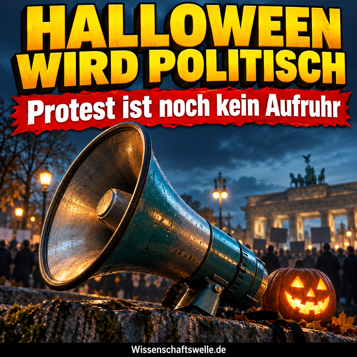 KI-Symbolbild: Ein Megafon und ein angeleuchteter Halloween-Kürbis vor unscharfen friedlichen Demonstrierenden. Text: Halloween wird politisch. Protest ist noch kein Aufruhr.