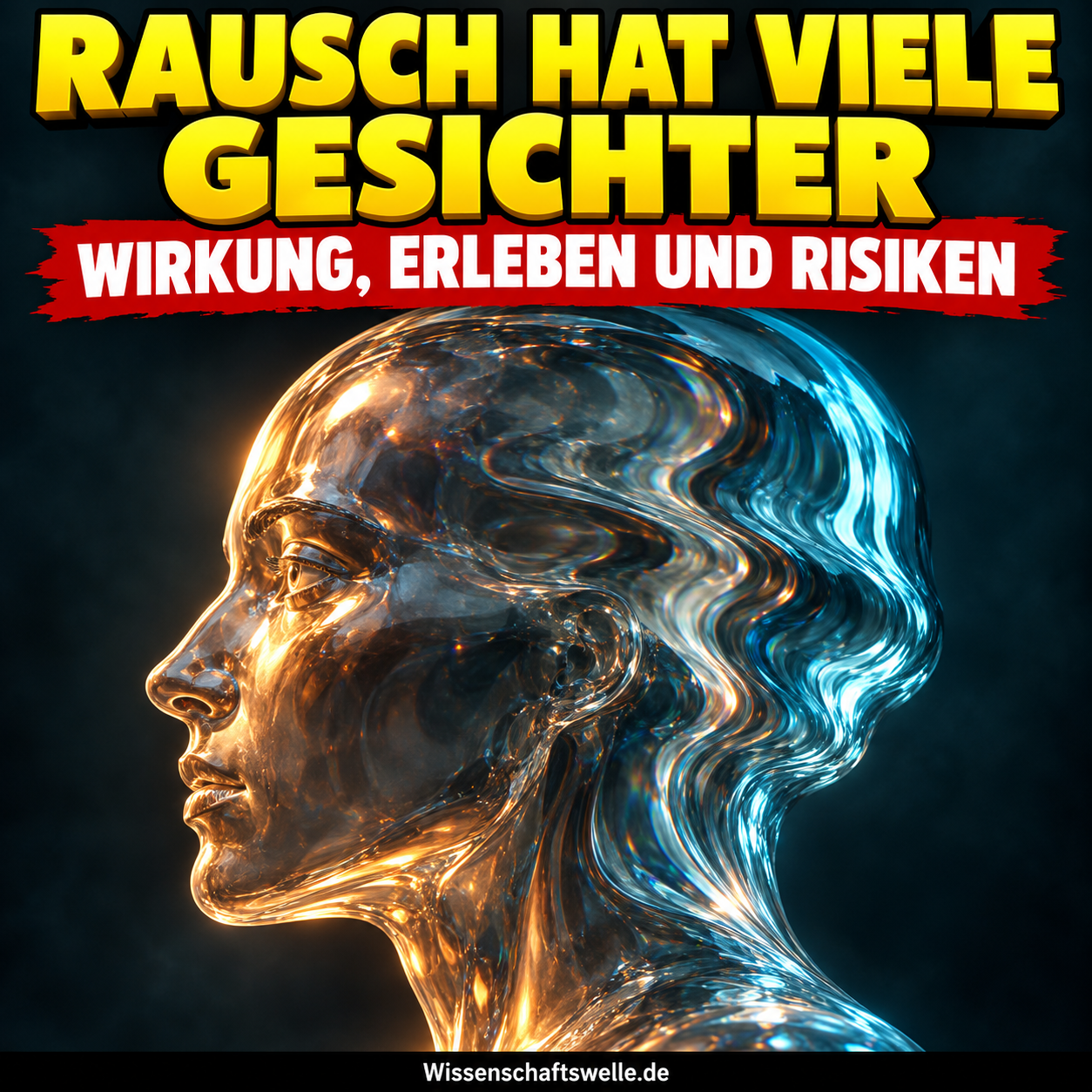 KI-Illustration: Ein gläsernes Kopfprofil verzerrt sich zwischen warmen und kalten Lichtzonen; Hook Rausch hat viele Gesichter.