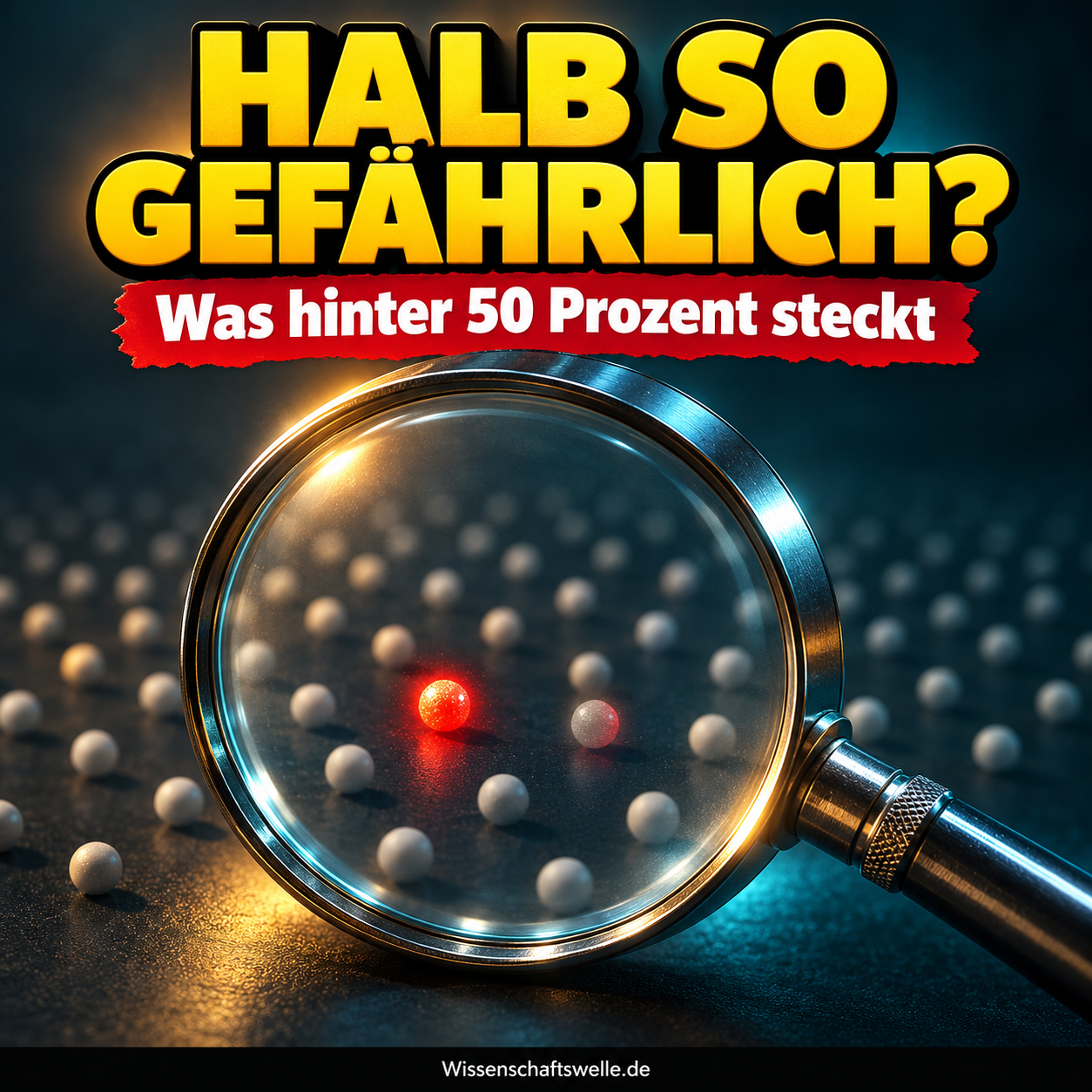 KI-Illustration: Eine große Lupe zeigt zwei rote Punkte, von denen einer verblasst; Sinnbild für relative Risikoreduktion bei kleinem Ausgangsrisiko.