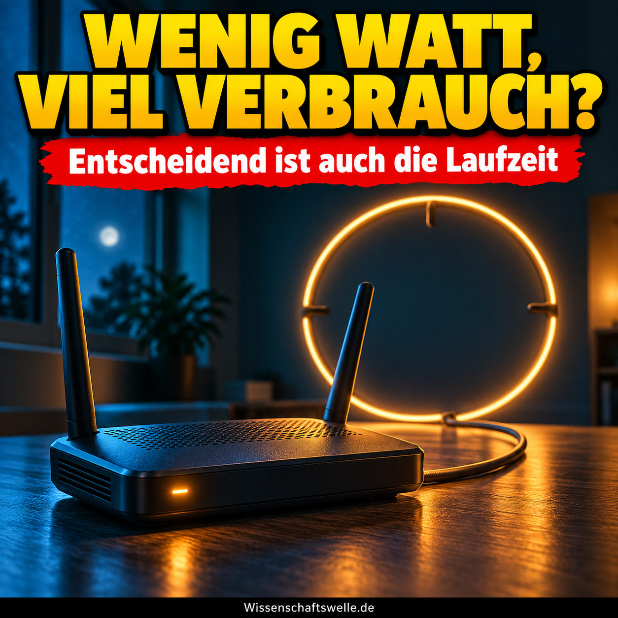 KI-Illustration eines kleinen Routers mit leuchtender Statuslampe und großem uhrähnlichem Kabelkreis als Metapher für lange Laufzeit.